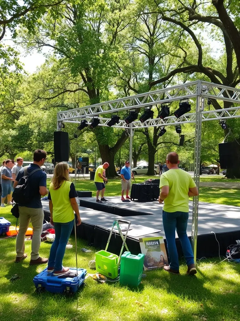 A photograph capturing volunteers setting up a stage for an outdoor concert in a park, showcasing community involvement and the preparation behind ARBRAZIK's events.
