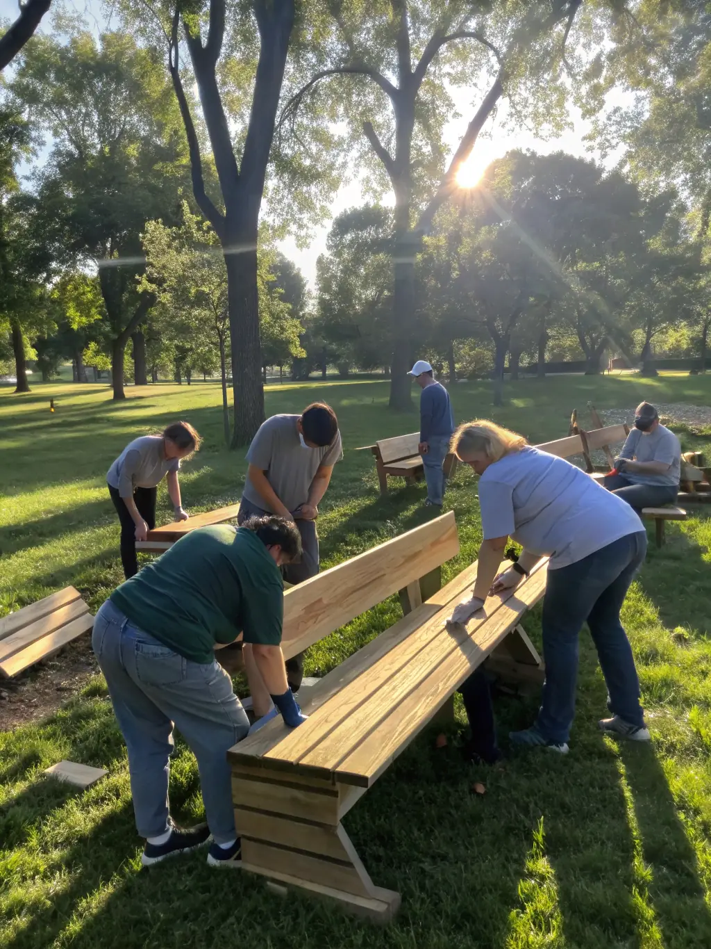 A photograph capturing a diverse group of volunteers setting up a stage for an outdoor theater performance in a park in Normandy, France. The image should convey a sense of community and collaboration.