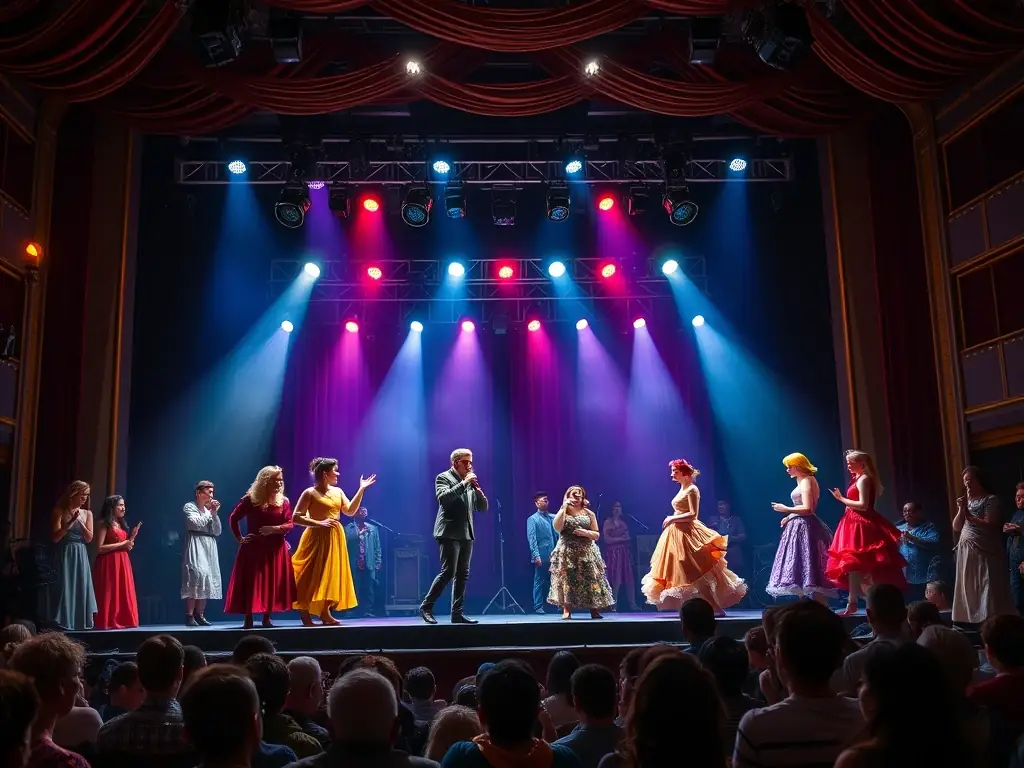 A vibrant photograph capturing a scene from a recent ARBRAZIK theatrical production, showcasing actors in costume on stage with dynamic lighting and set design, conveying the energy and creativity of the performance.