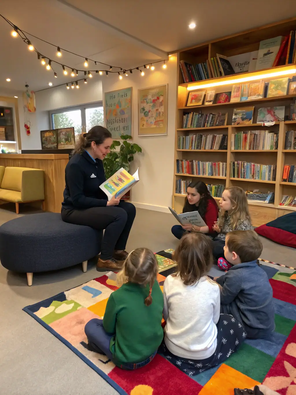 A photograph of children participating in an interactive storytelling session at a local library, led by a volunteer from ARBRAZIK. The image should capture the joy and engagement of the children.