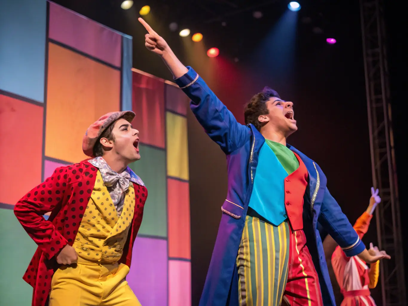 A vibrant image depicting a group of performers on stage during a theatrical production organized by ARBRAZIK, showcasing the energy and creativity of the event.