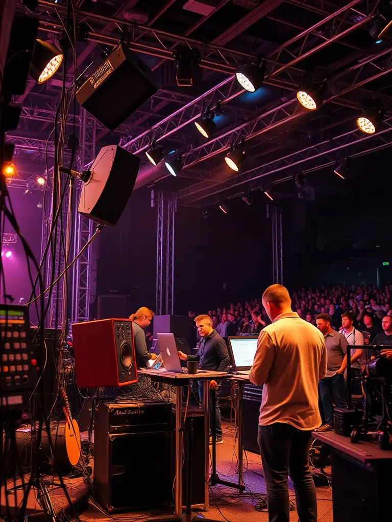 A photo of a group of technicians and volunteers working together to set up lighting and sound equipment for a theater production. The image should emphasize the technical expertise and collaborative spirit of ARBRAZIK.